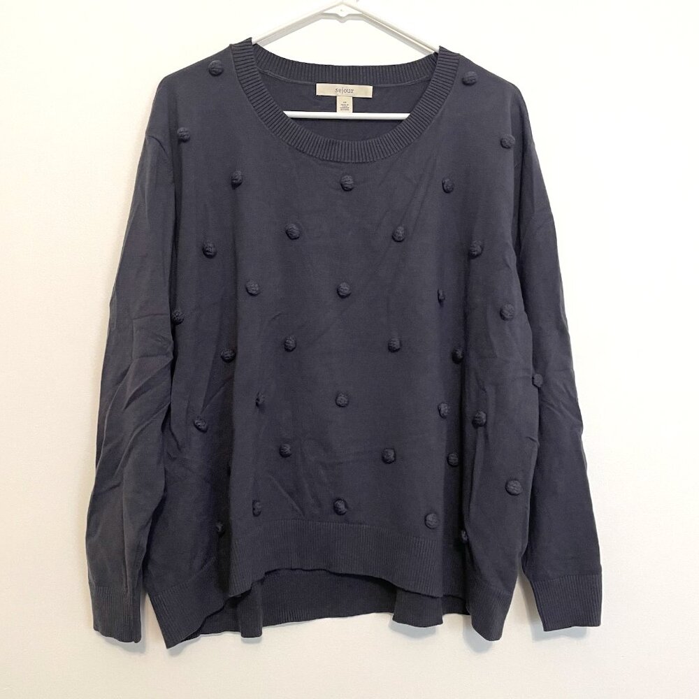 SEJOUR Plus Size Blue ish Gray ish 3D Bobble Pom Pom Polka Dot Pullover Sweater